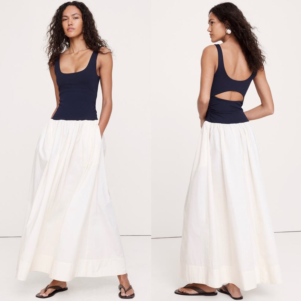 Banana Republic Stretch Cotton Poplin Maxi Dress Navy Blue Cream Size Small - Picture 1 of 10